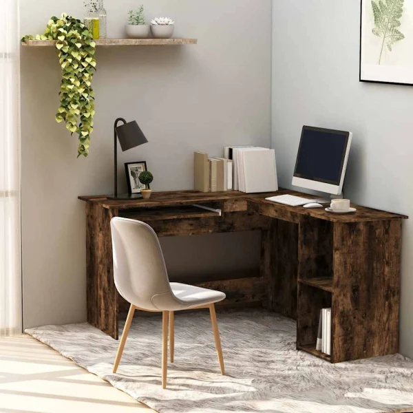 Bureau d'angle 120 x 140 x 75 cm chêne fumé bois d'ingénierie – vue d’ensemble
