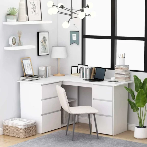 Bureau d'angle 145 x 100 x 76 cm blanc bois d'ingénierie – vue d’ensemble