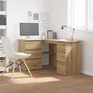 Bureau d'angle 145 x 100 x 76 cm chêne artisanal bois d'ingénierie – vue d’ensemble