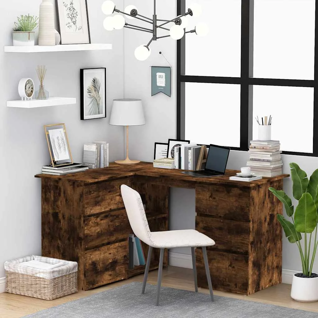 Bureau d'angle 145 x 100 x 76 cm chêne fumé bois d'ingénierie – vue d’ensemble