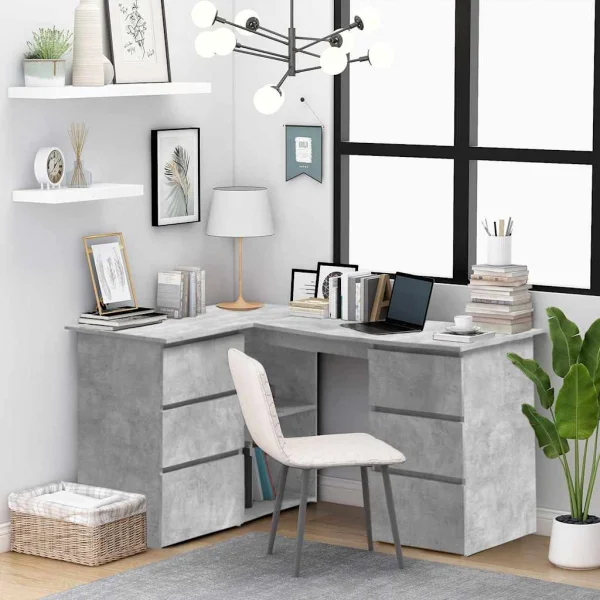 Bureau d'angle 145 x 100 x 76 cm gris béton bois d'ingénierie – vue d’ensemble