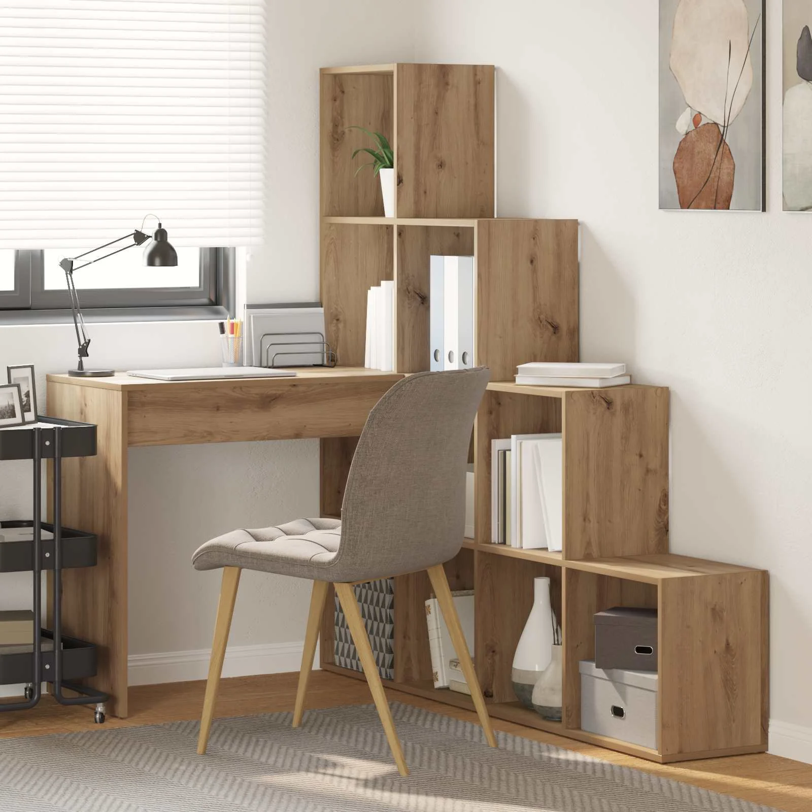 Bureau d'angle 149,5 x 101,5 x 149,5 cm chêne artisanal bois d'ingénierie – vue d’ensemble