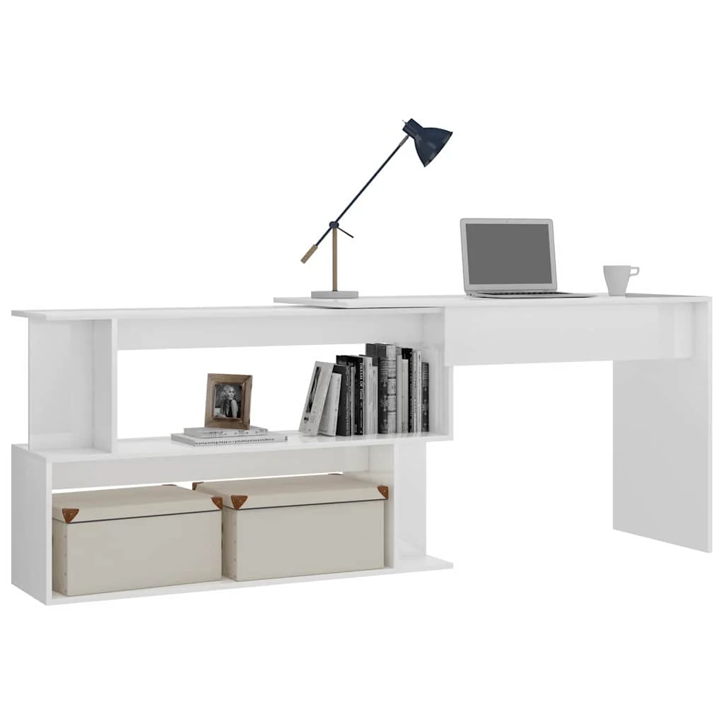 Bureau d'angle 200 x 50 x 76 cm blanc brillant bois d'ingénierie – vue de dos