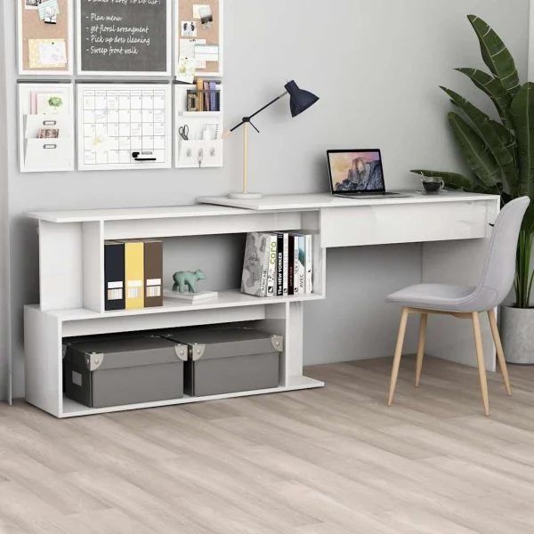Bureau d'angle 200 x 50 x 76 cm blanc brillant bois d'ingénierie – vue d’ensemble