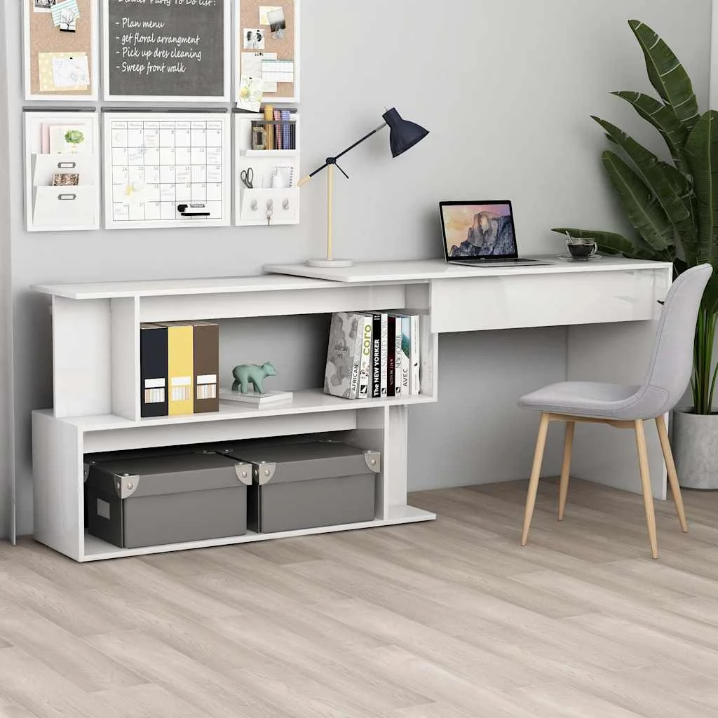 Bureau d'angle 200 x 50 x 76 cm blanc brillant bois d'ingénierie – vue d’ensemble