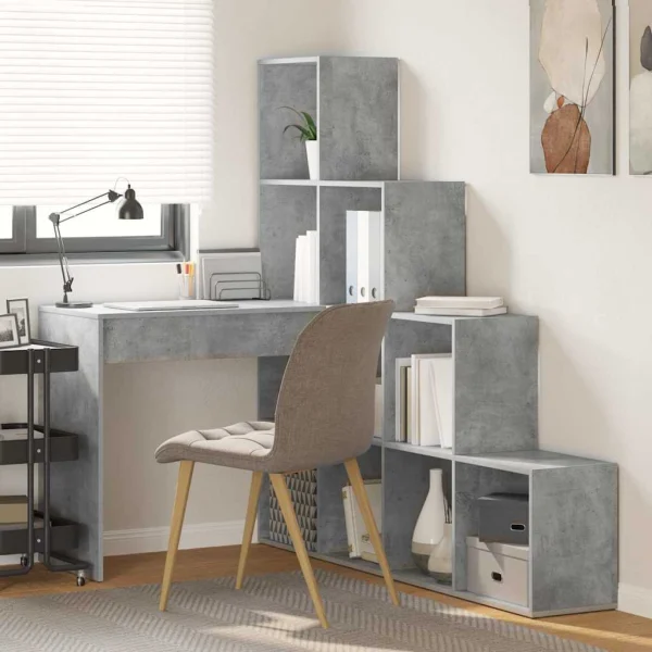 Bureau d'angle avec étagère 149,5 x 101,5 x 149,5 cm gris béton bois d'ingénierie – vue d’ensemble