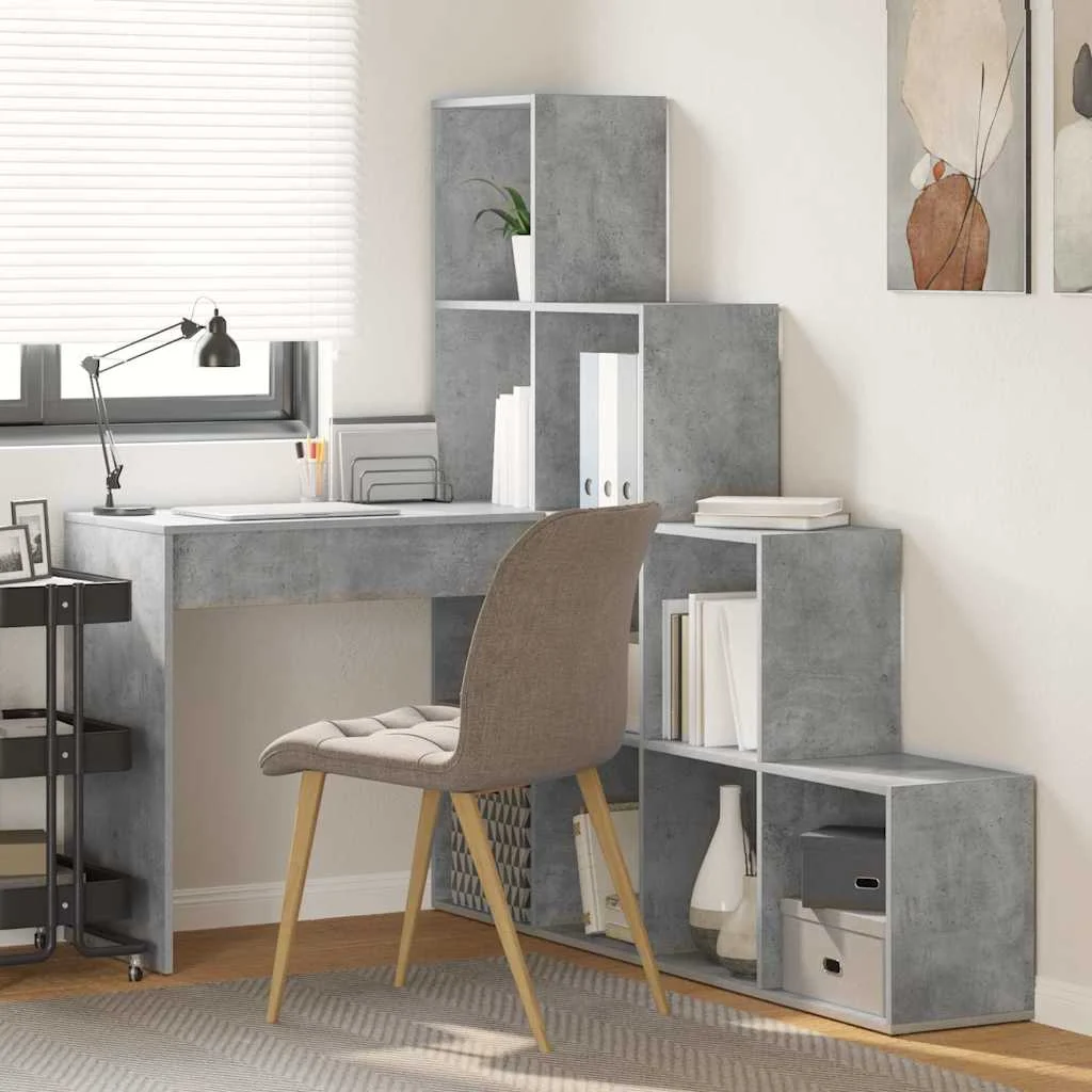 Bureau d'angle avec étagère 149,5 x 101,5 x 149,5 cm gris béton bois d'ingénierie – vue d’ensemble