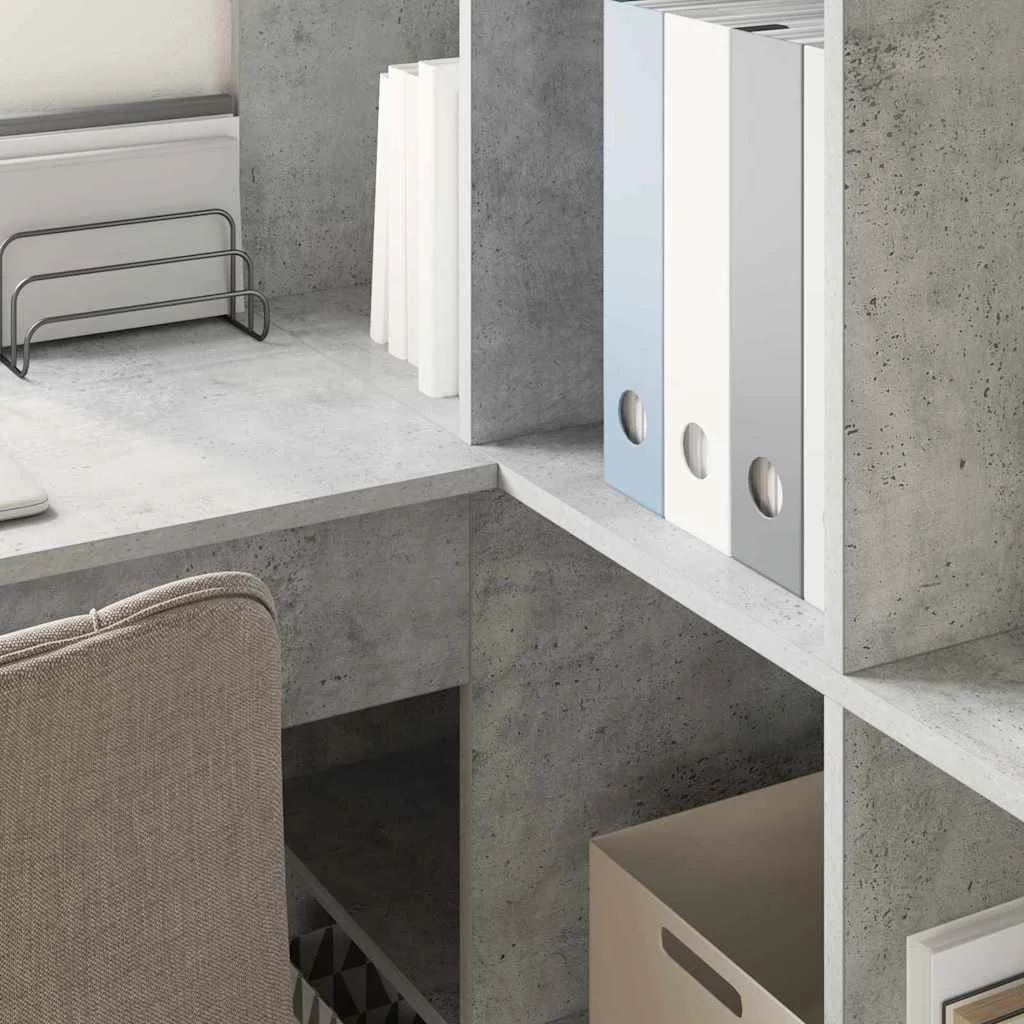 Bureau d'angle avec étagère 149,5 x 101,5 x 149,5 cm gris béton bois d'ingénierie – vue en situation
