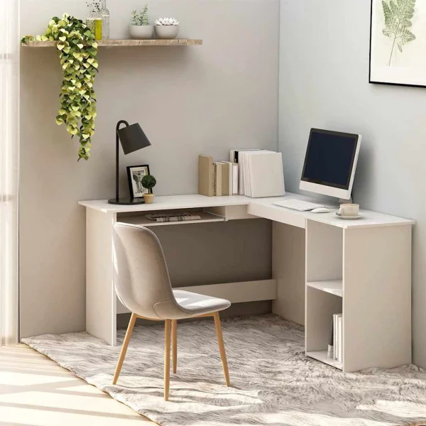 Bureau d'angle en forme de L 120 x 140 x 75 cm blanc bois d'ingénierie – vue d’ensemble