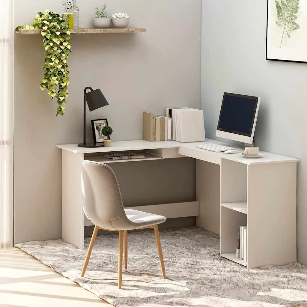 Bureau d'angle en forme de L 120 x 140 x 75 cm blanc bois d'ingénierie – vue d’ensemble