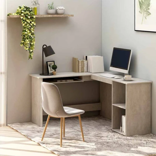 Bureau d'angle en forme de L 120 x 140 x 75 cm gris béton bois d'ingénierie – vue d’ensemble