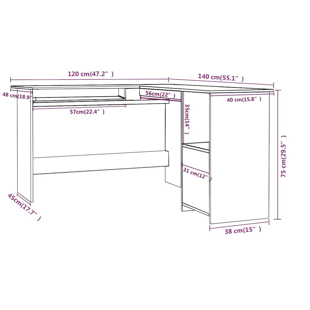 Bureau d'angle forme de L 120 x 140 x 75 cm gris brillant aggloméré – vue de dos