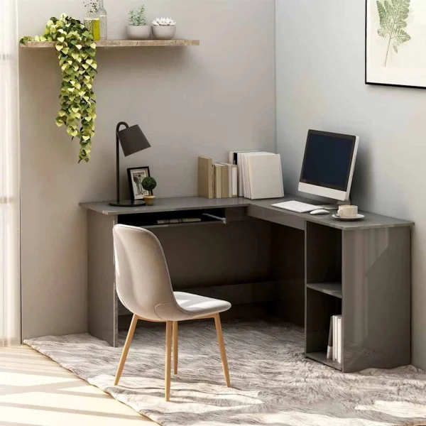 Bureau d'angle forme de L 120 x 140 x 75 cm gris brillant aggloméré – vue d’ensemble