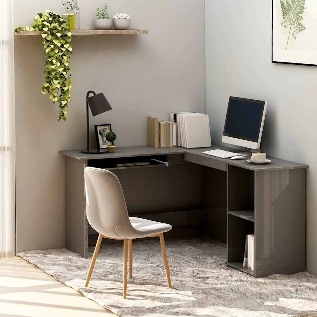 Bureau d'angle forme de L 120 x 140 x 75 cm gris brillant aggloméré – vue d’ensemble