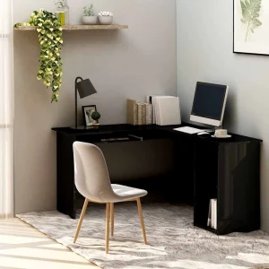 Bureau d'angle forme de L 120 x 140 x 75 cm noir brillant aggloméré – vue d’ensemble