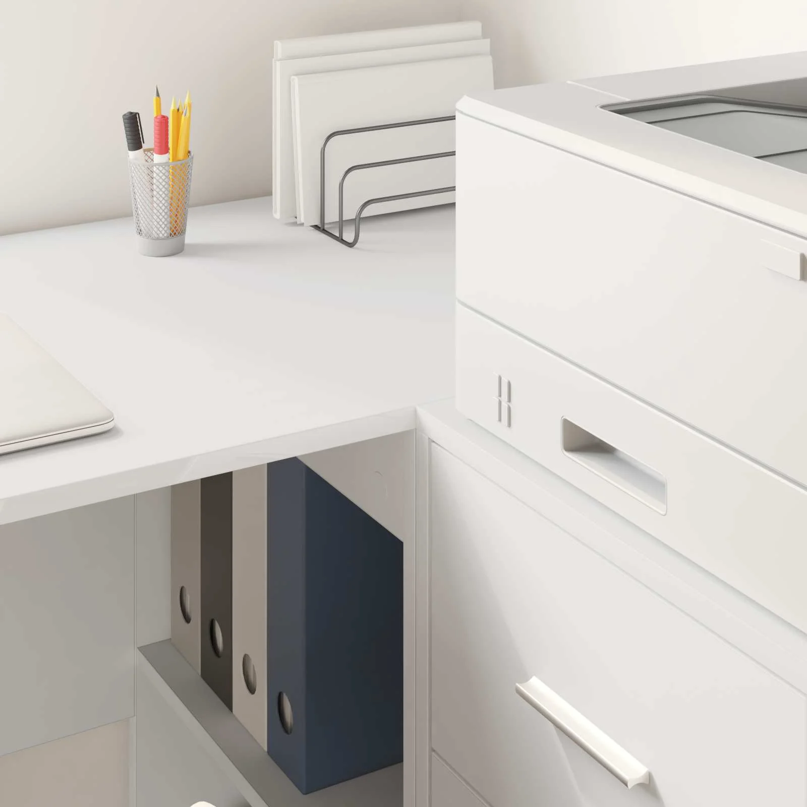 Bureau d'angle avec tiroir avec étagère 102 x 88 x 75 cm blanc – vue en situation