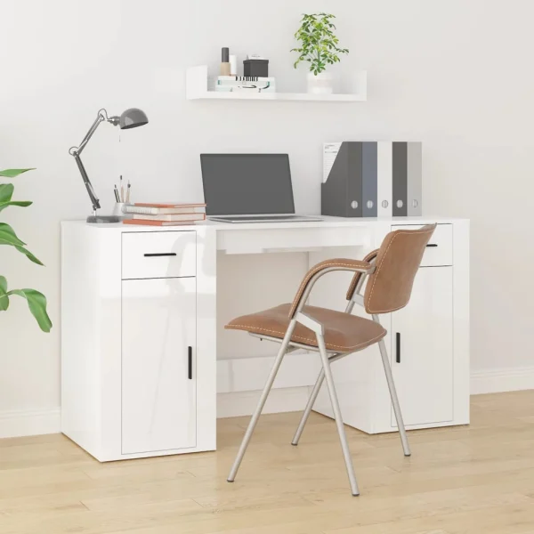 Bureau avec armoire 100 x 49 x 75 cm blanc brillant bois d'ingénierie – vue d’ensemble