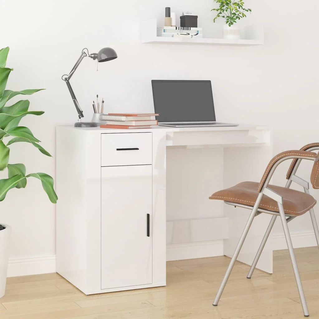 Bureau avec armoire 100 x 49 x 75 cm blanc brillant bois d'ingénierie – vue de détail