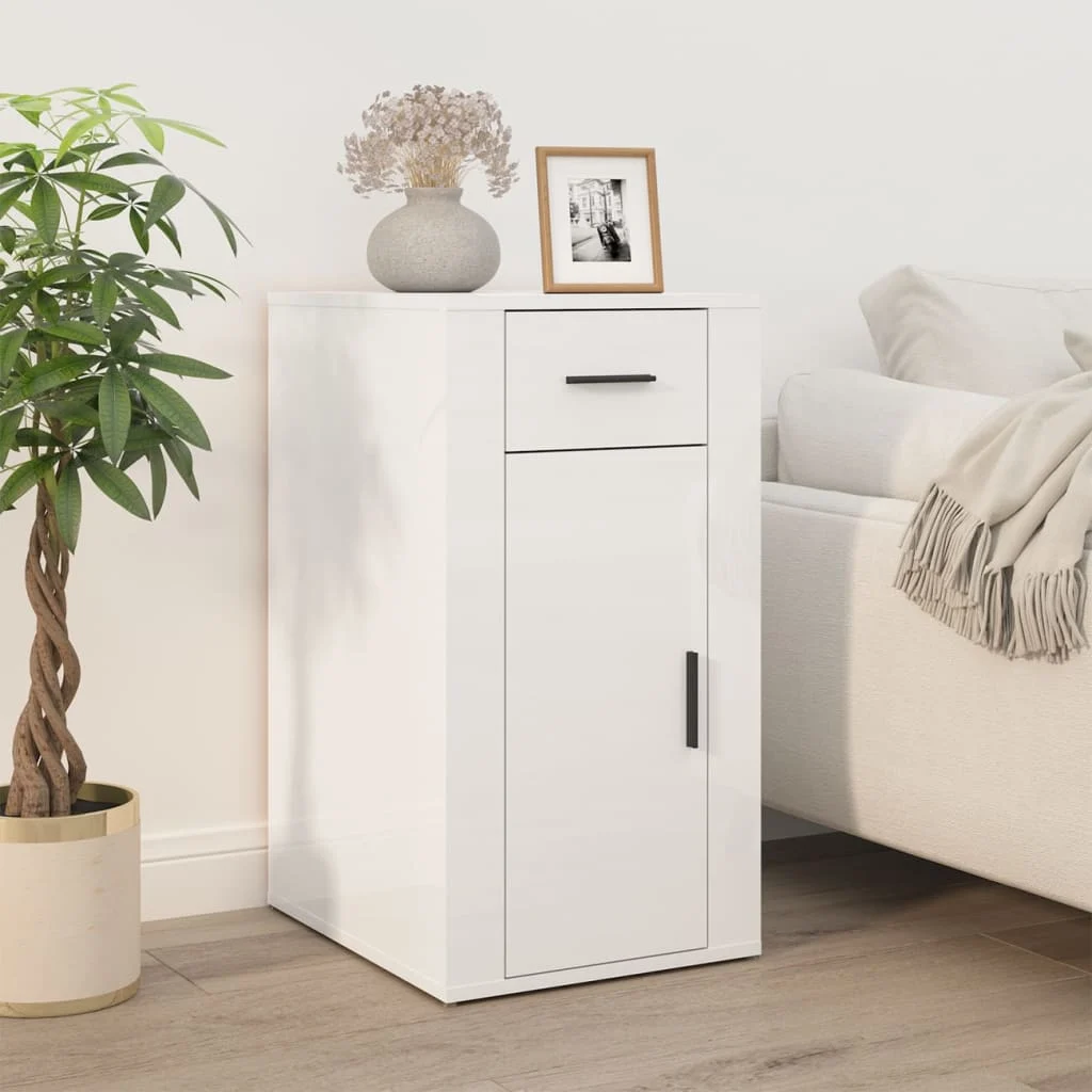 Bureau avec armoire 100 x 49 x 75 cm blanc brillant bois d'ingénierie – vue en situation