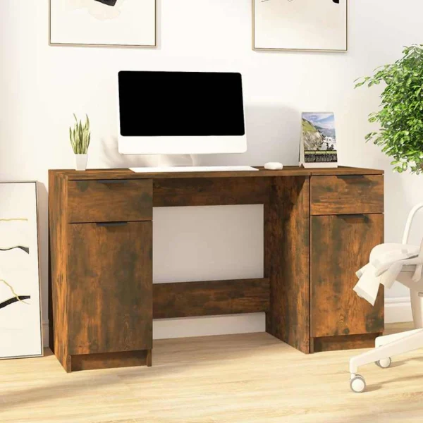 Bureau avec armoire latérale 100 x 50 x 75 cm chêne fumé bois d'ingénierie – vue d’ensemble