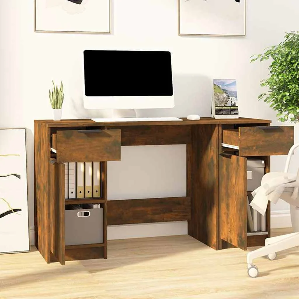 Bureau avec armoire latérale 100 x 50 x 75 cm chêne fumé bois d'ingénierie – vue de détail