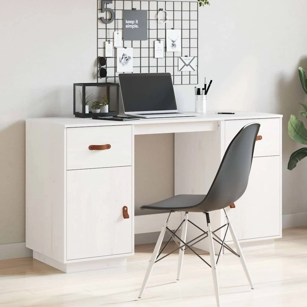 Bureau avec armoires 135 x 50 x 75 cm blanc bois massif – vue de détail