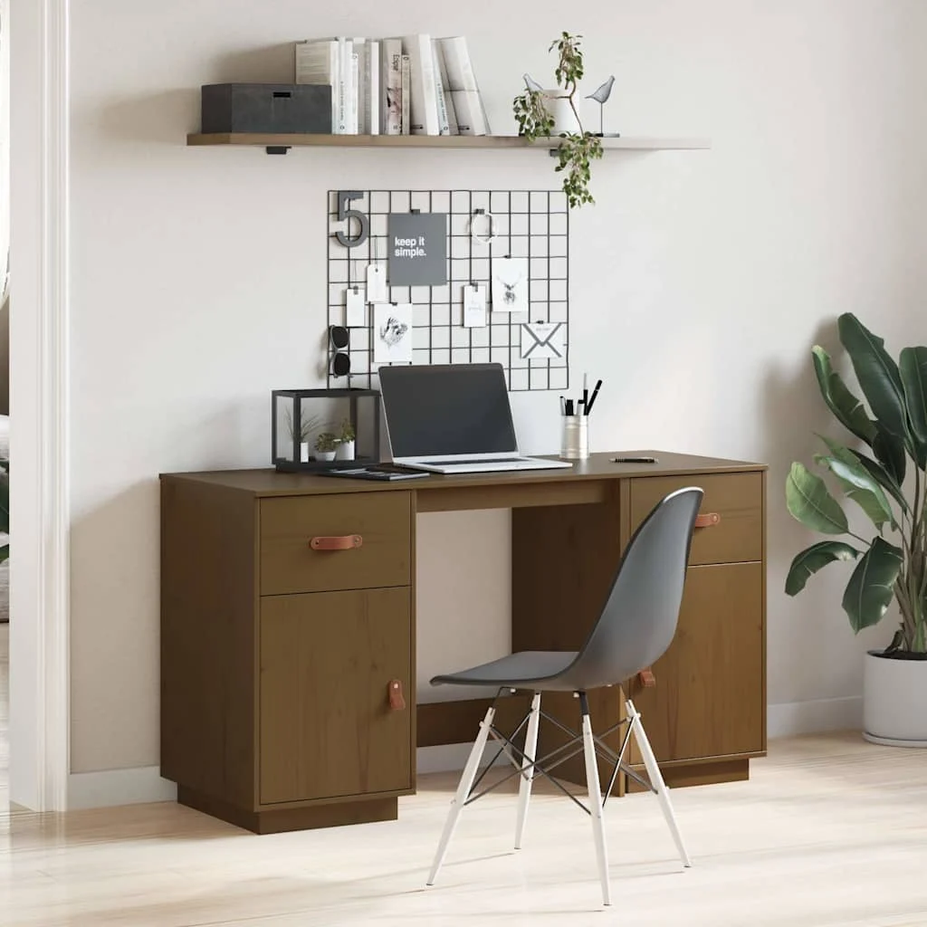 Bureau avec armoires 135 x 50 x 75 cm marron miel bois massif – vue d’ensemble