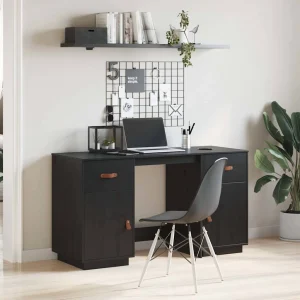 Bureau avec armoires 135 x 50 x 75 cm noir bois massif – vue d’ensemble