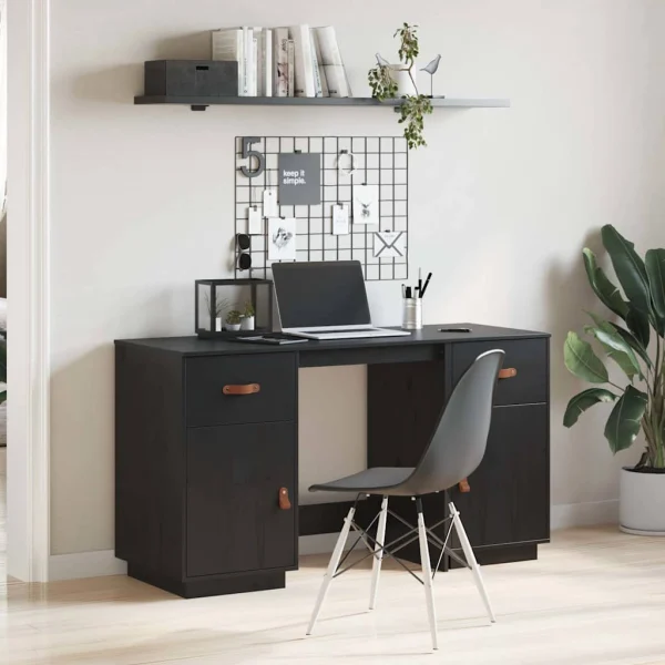 Bureau avec armoires 135 x 50 x 75 cm noir bois massif – vue d’ensemble