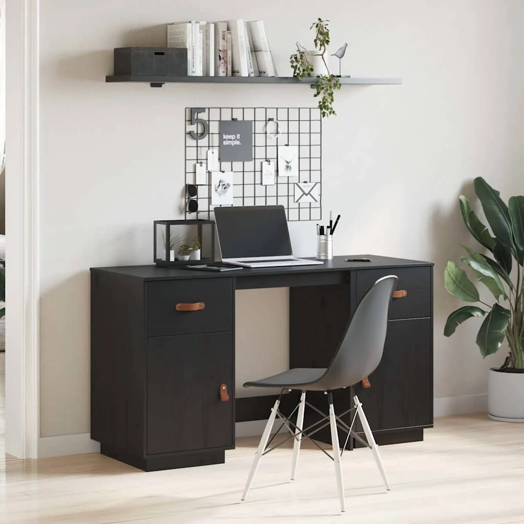 Bureau avec armoires 135 x 50 x 75 cm noir bois massif – vue d’ensemble