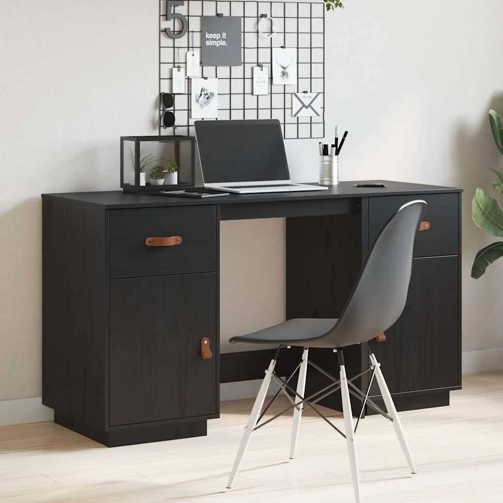 Bureau avec armoires 135 x 50 x 75 cm noir bois massif – vue de détail
