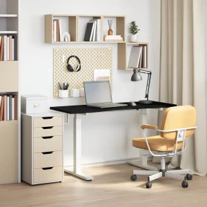 Bureau Bois 140 x 60 cm blanc et marron foncé bois massif de chêne – vue d’ensemble