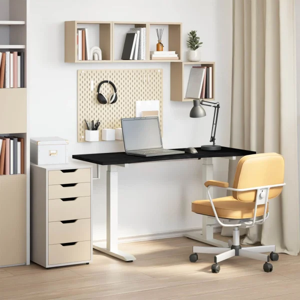 Bureau Bois 140 x 60 cm blanc et marron foncé bois massif de chêne – vue d’ensemble