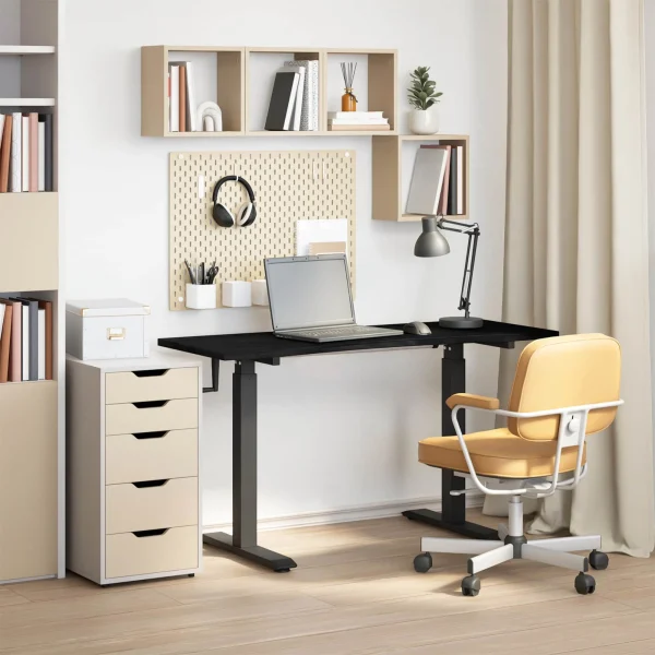 Bureau Bois 140 x 60 cm noir et marron foncé bois massif de chêne – vue d’ensemble