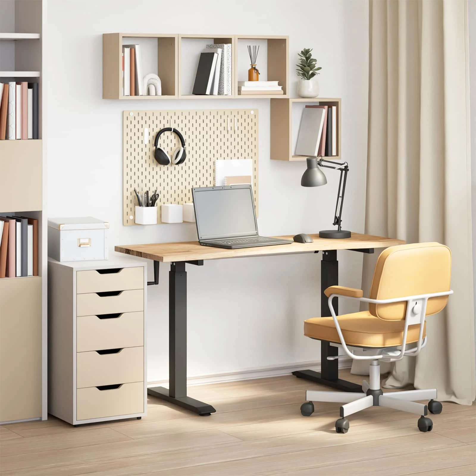 Bureau Bois 140 x 60 cm noir et naturel bois massif de chêne – vue d’ensemble