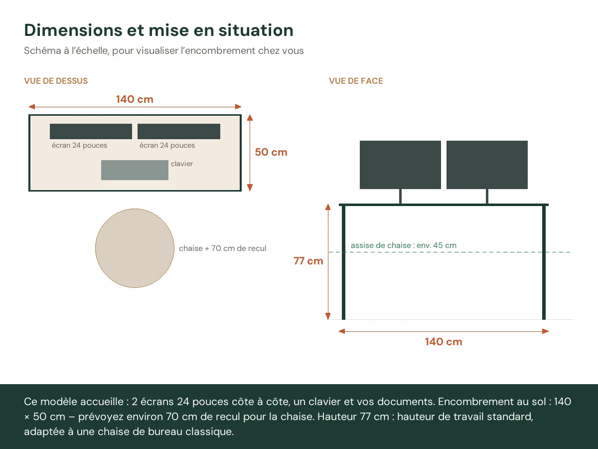 Bureau à caissons 140 x 50 x 77 cm brun bois massif de manguier – vue de face