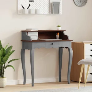 Bureau d'écriture 80 x 40 x 92 cm marron et blanc bois massif d'acajou – vue d’ensemble