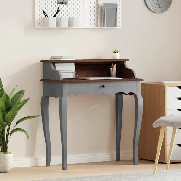 Bureau d'écriture 80 x 40 x 92 cm marron et blanc bois massif d'acajou – vue d’ensemble