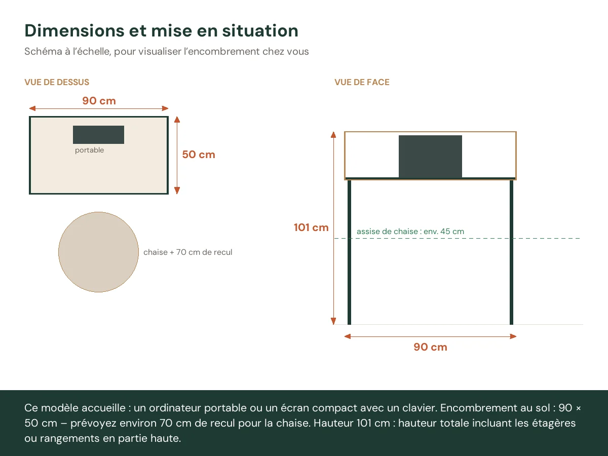 Bureau d'écriture et tiroirs 90 x 50 x 101 cm marron bois massif – vue de face