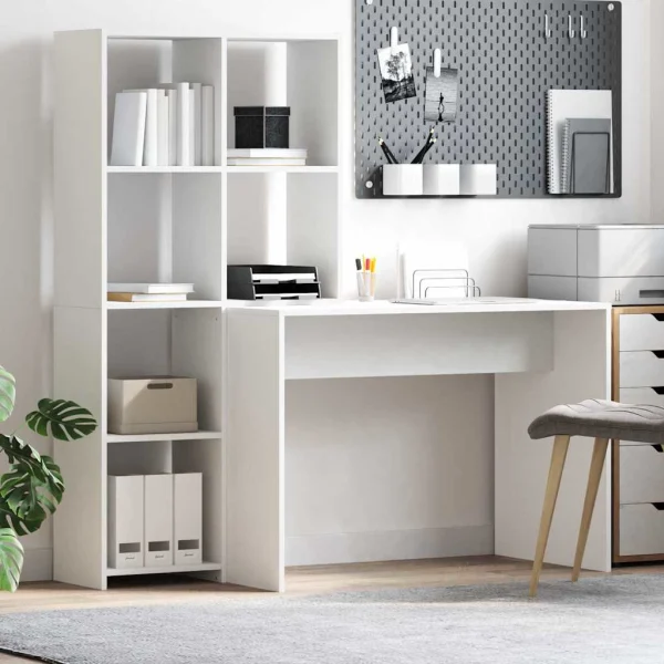 Bureau avec étagère 138,5 x 55 x 143 cm blanc bois d'ingénierie – vue d’ensemble