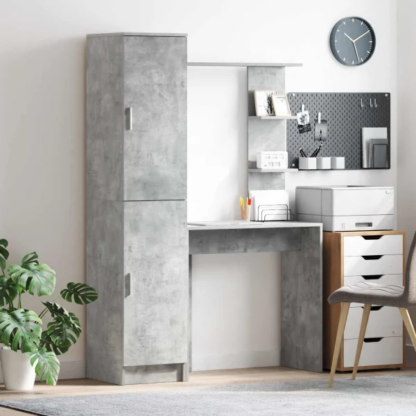 Bureau avec étagère avec stockage 2 pièces 113,5 x 39 x 168 cm gris béton – vue d’ensemble