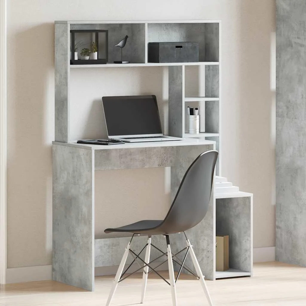 Bureau avec étagères 100 x 45 x 140 cm gris béton bois d'ingénierie – vue de détail