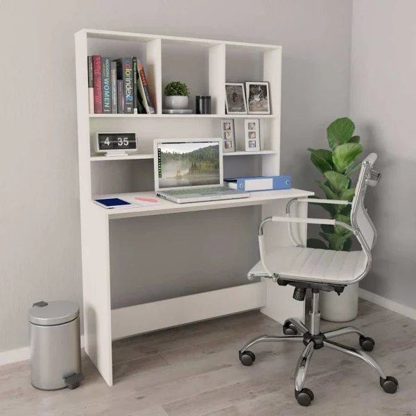 Bureau avec étagères 110 x 45 x 157 cm blanc bois d'ingénierie – vue d’ensemble