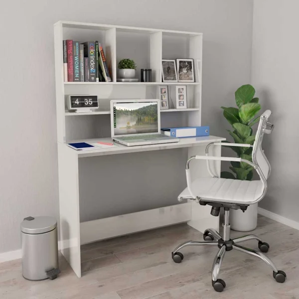 Bureau avec étagères 110 x 45 x 157 cm blanc brillant aggloméré – vue d’ensemble