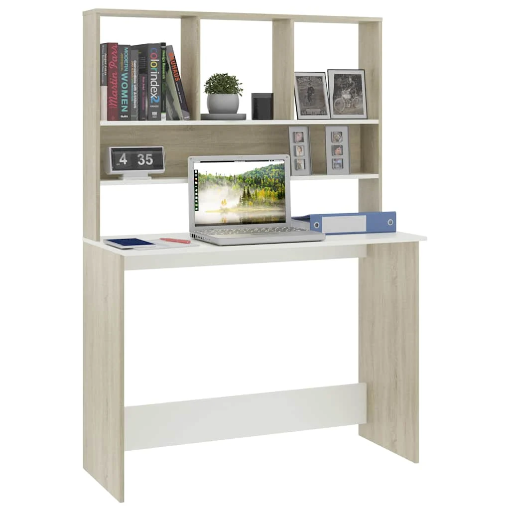 Bureau avec étagères 110 x 45 x 157 cm blanc et chêne sonoma aggloméré – vue de dessus