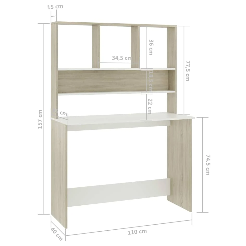Bureau avec étagères 110 x 45 x 157 cm blanc et chêne sonoma aggloméré – vue de dos