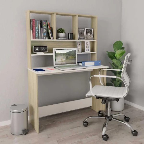 Bureau avec étagères 110 x 45 x 157 cm blanc et chêne sonoma aggloméré – vue d’ensemble