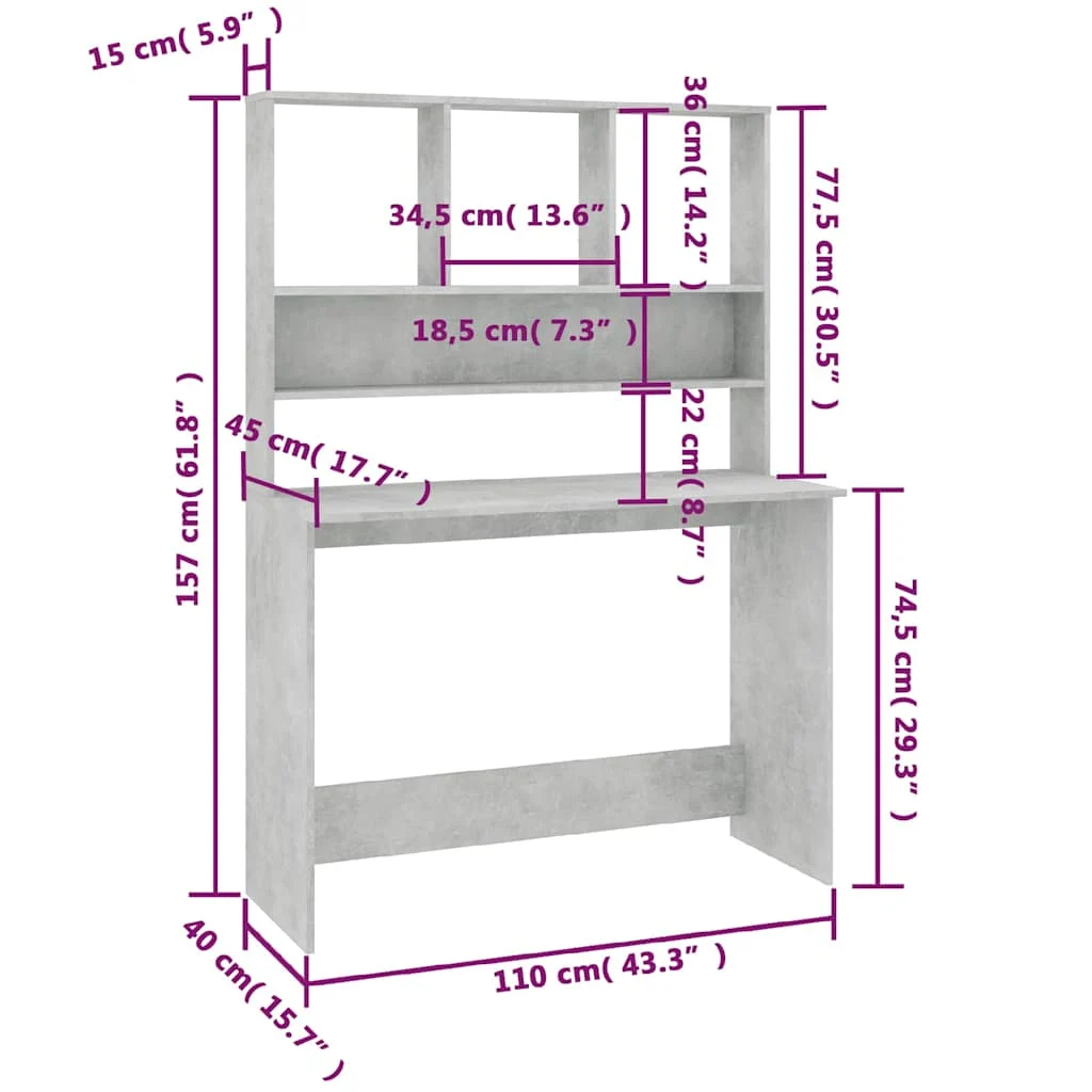 Bureau avec étagères 110 x 45 x 157 cm gris béton aggloméré – vue de dos