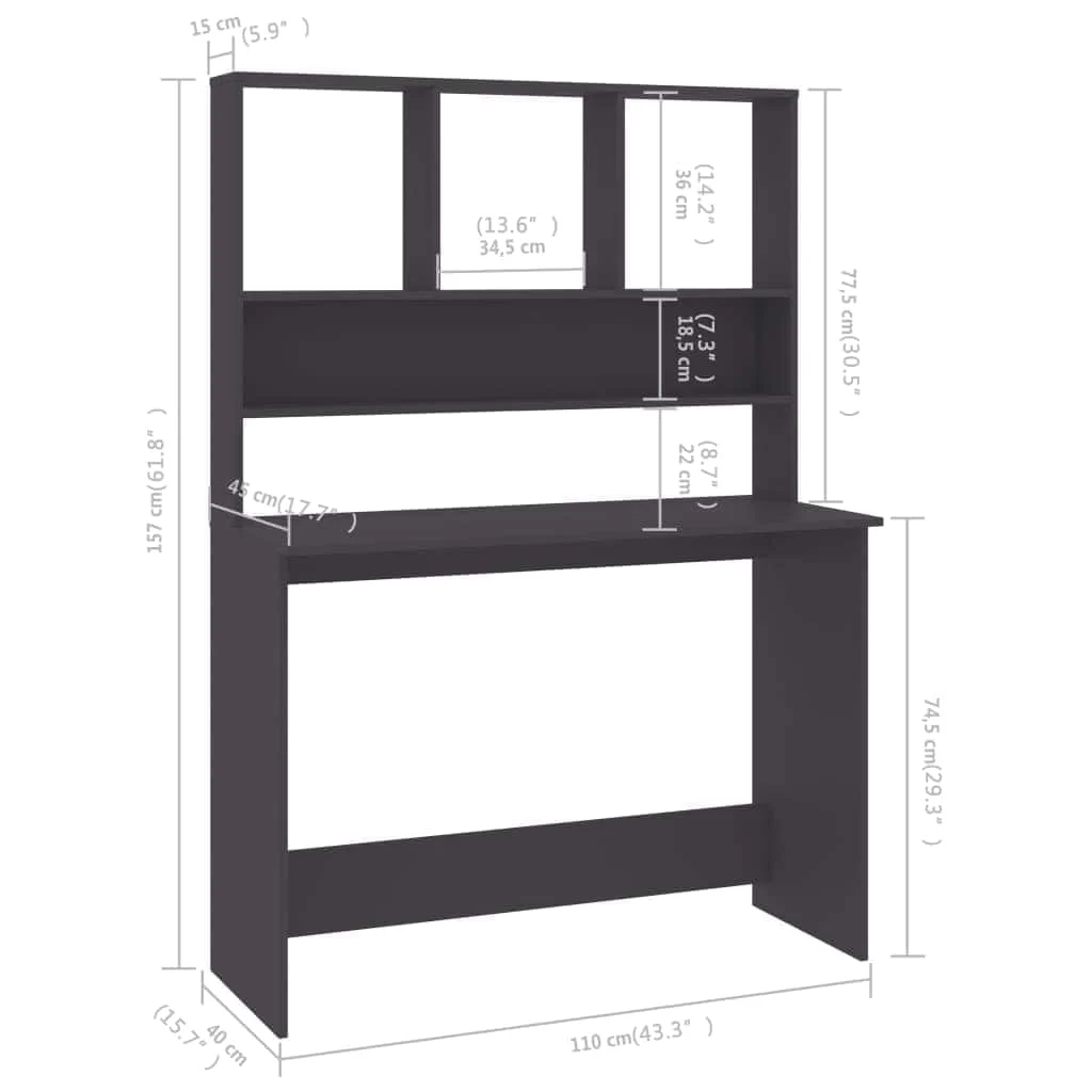 Bureau avec étagères 110 x 45 x 157 cm gris bois d'ingénierie – vue de dos