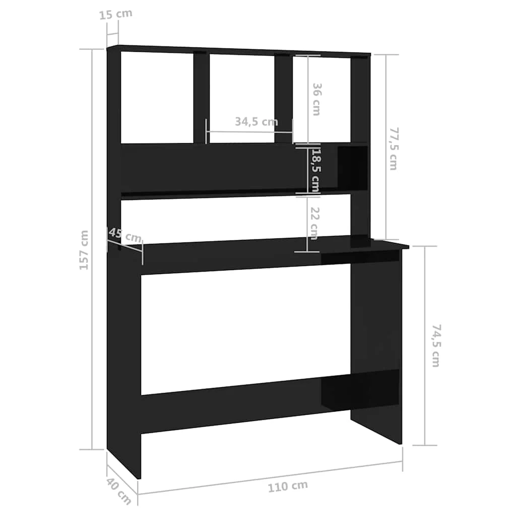 Bureau avec étagères 110 x 45 x 157 cm noir brillant aggloméré – vue de dos